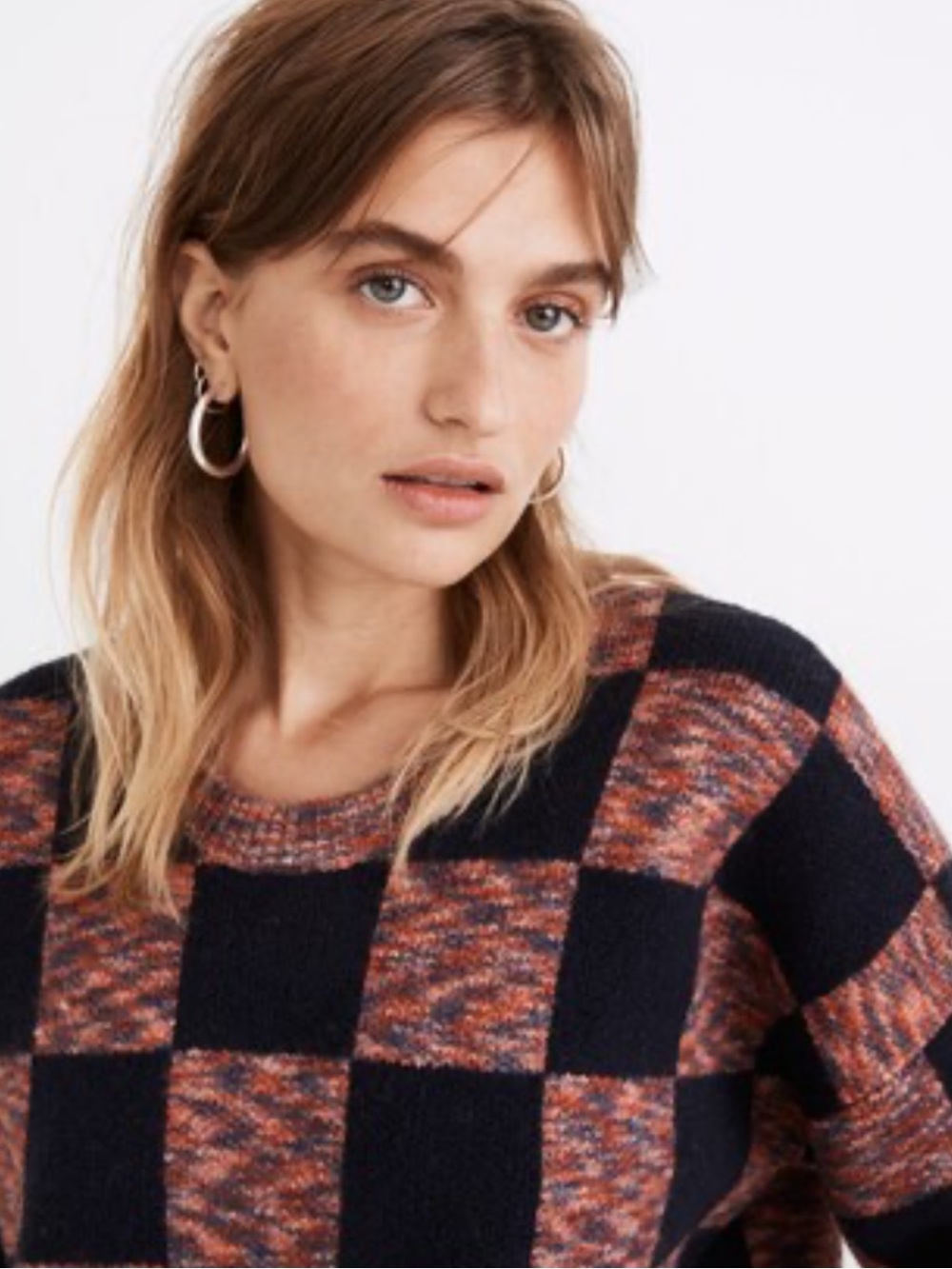 BOGO! Madewell Checkered Wool Blend Oversized Sweater Navy Pink Small